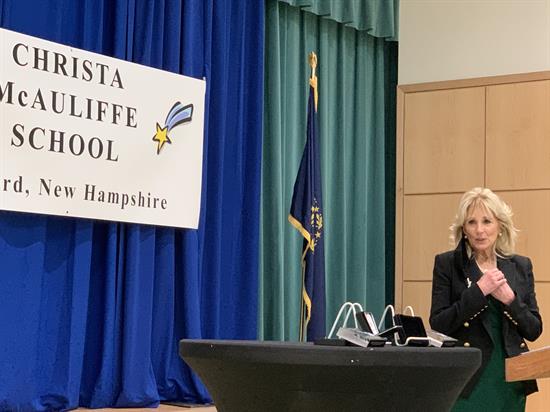 Dr. Jill Biden speaks at the Christa McAuliffe School.